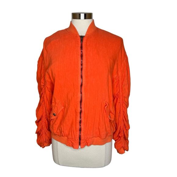Free People Ruched Cosy Fit Soft Orange Bomber Jacket Full Zip Women's Size XS - Picture 12 of 12